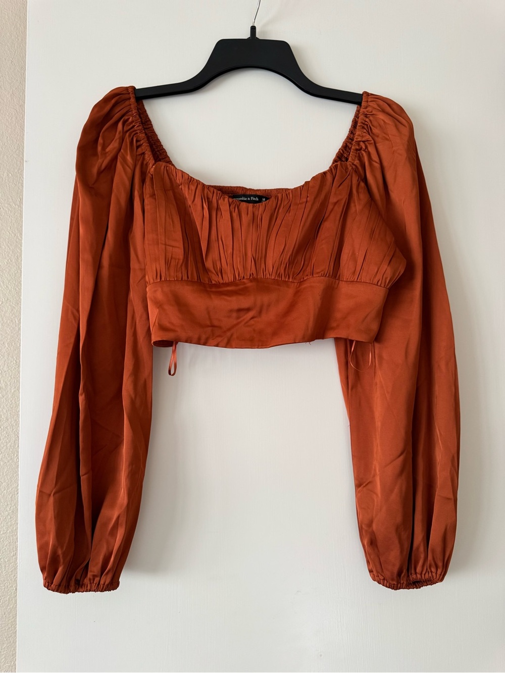 Abercrombie & Fitch Rust Satin Long-Sleeve Cropped Peasant Top